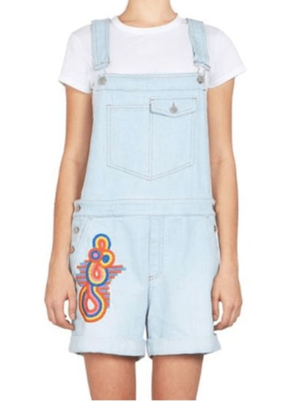 Stella McCartney Women’s Light Blue Denim Short Overalls with Rainbow Patch